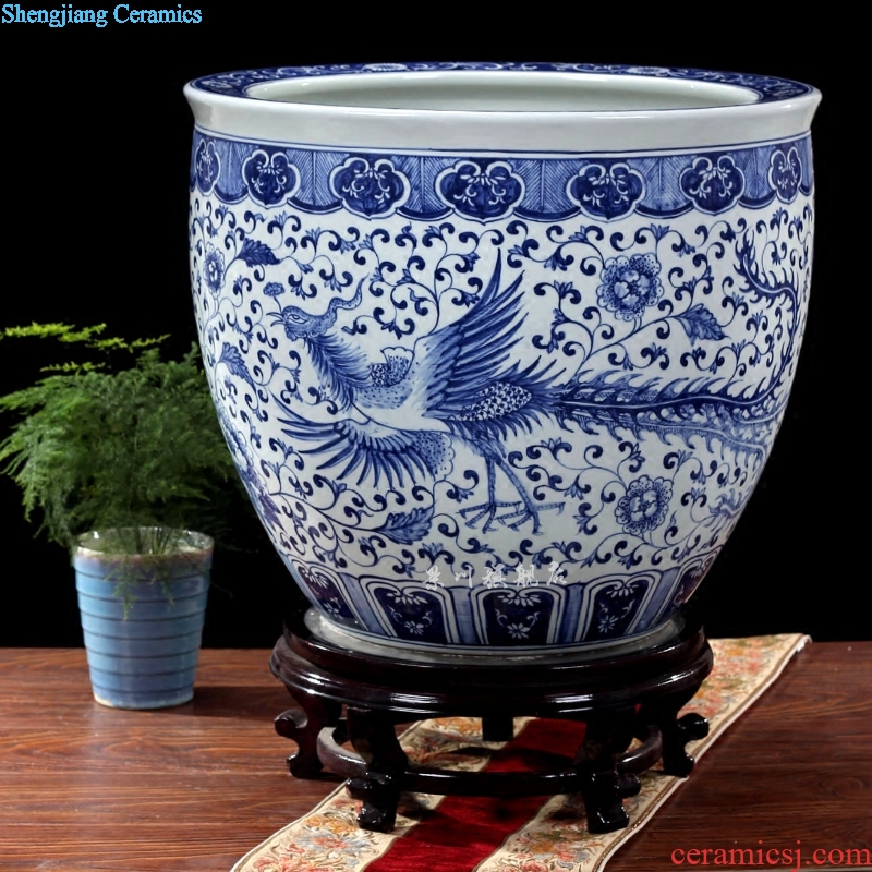 Jingdezhen ceramics large brocade carp goldfish bowl water lily hand-painted blue dragon tortoise cylinder household adornment furnishing articles