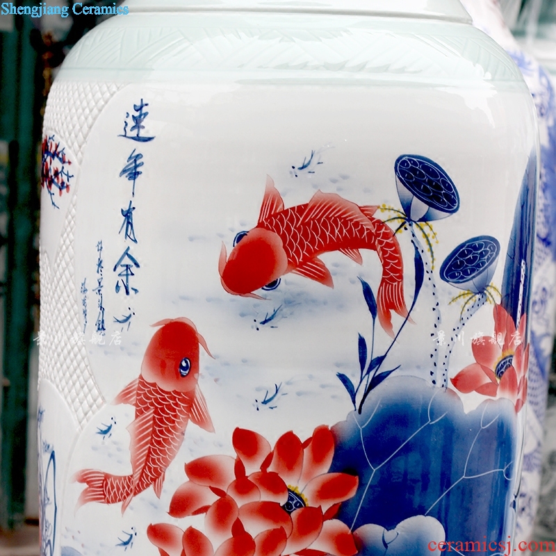 Hand painted peony lotus carving shadow blue fish large vases, jingdezhen ceramics hotels sitting room large furnishing articles