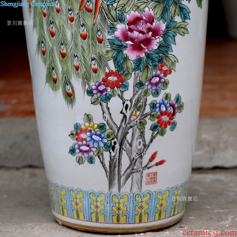 Jingdezhen ceramics hand-painted pastel color peacock peony hotel furnishing articles home sitting room of large vase