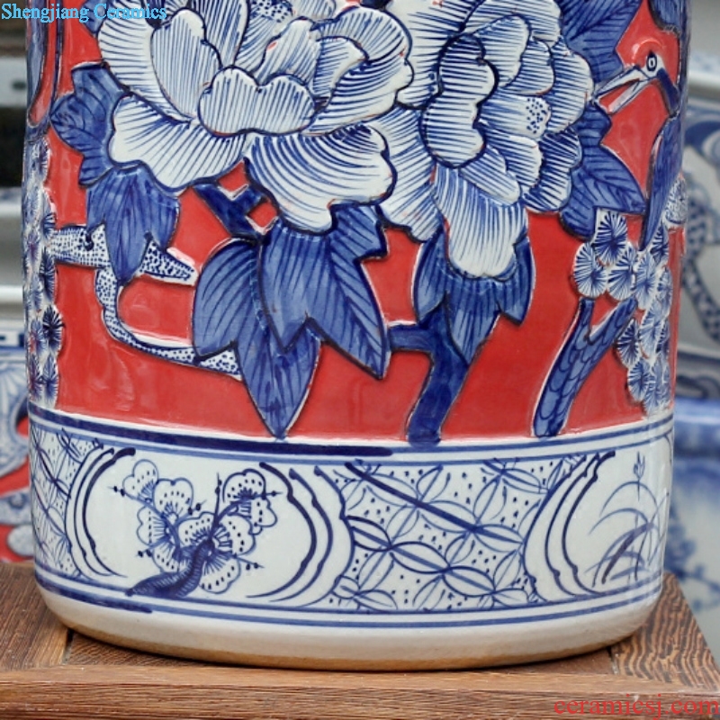 Jingdezhen ceramic quiver carving peony figure put vase mesa of sitting room office furnishing articles calligraphy and painting scroll to receive goods