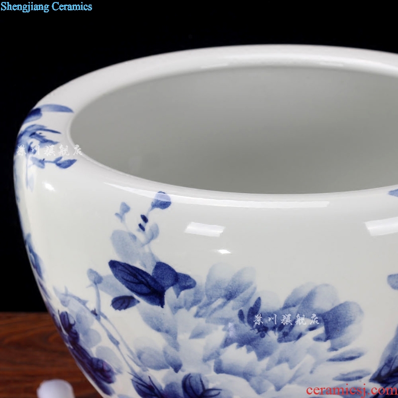 Jingdezhen ceramics brocade carp goldfish bowl of blue and white porcelain peony water lily lotus tortoise cylinder household adornment furnishing articles