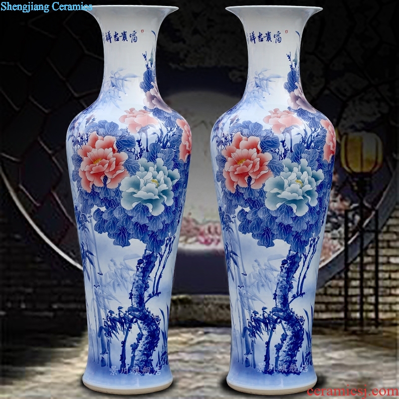 Hand-painted riches and honour auspicious peony of large blue and white porcelain vase of jingdezhen ceramics sitting room adornment big furnishing articles