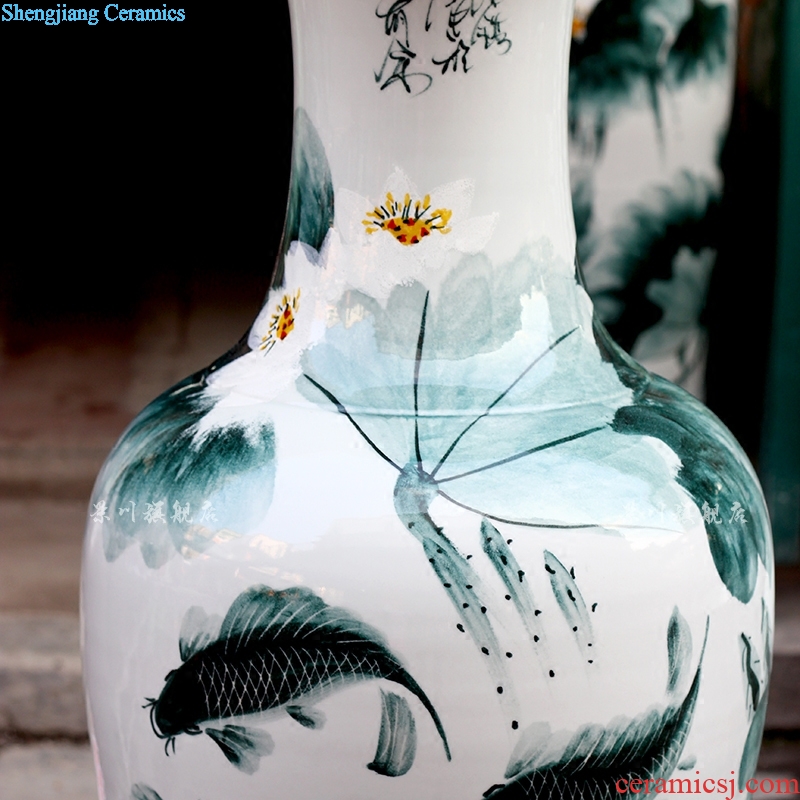 Jingdezhen ceramic ink color blue and white fish home sitting room hand-painted lotus lotus leaf landing big vase decoration furnishing articles