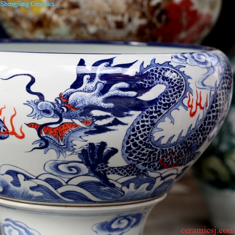 Jingdezhen ceramics hand-painted dragon playing bead figure goldfish turtle sitting room of Chinese style of large cylinder household furnishing articles