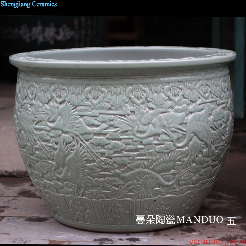 Jingdezhen porcelain hand-carved crane China VAT fish turtle pond lily China big courtyard porcelain cylinder