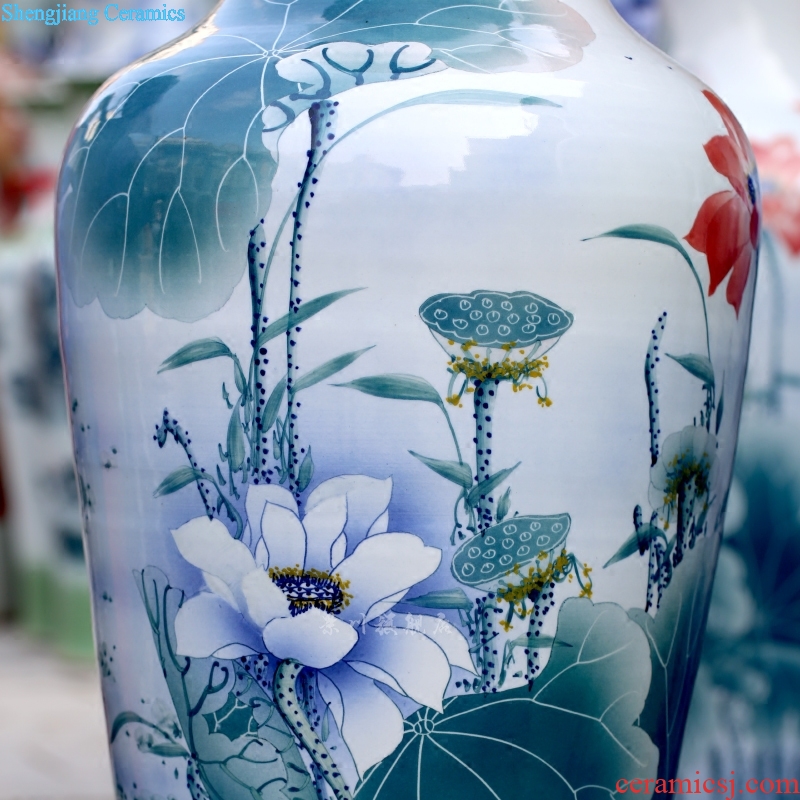 Hand painted green lotus lotus hotel porcelain of jingdezhen ceramic floor big vase sitting room adornment is placed