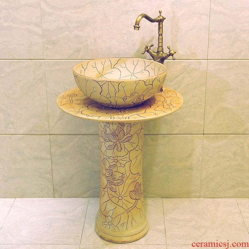 JingXiangLin pillar basin of jingdezhen ceramic art basin pillar lavatory basin three-piece & ndash; Carved lotus