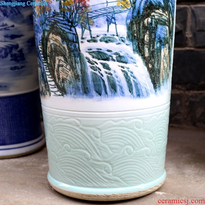 Jingdezhen ceramics hand-painted mountain stream figure sitting room of large vase study Chinese large household furnishing articles