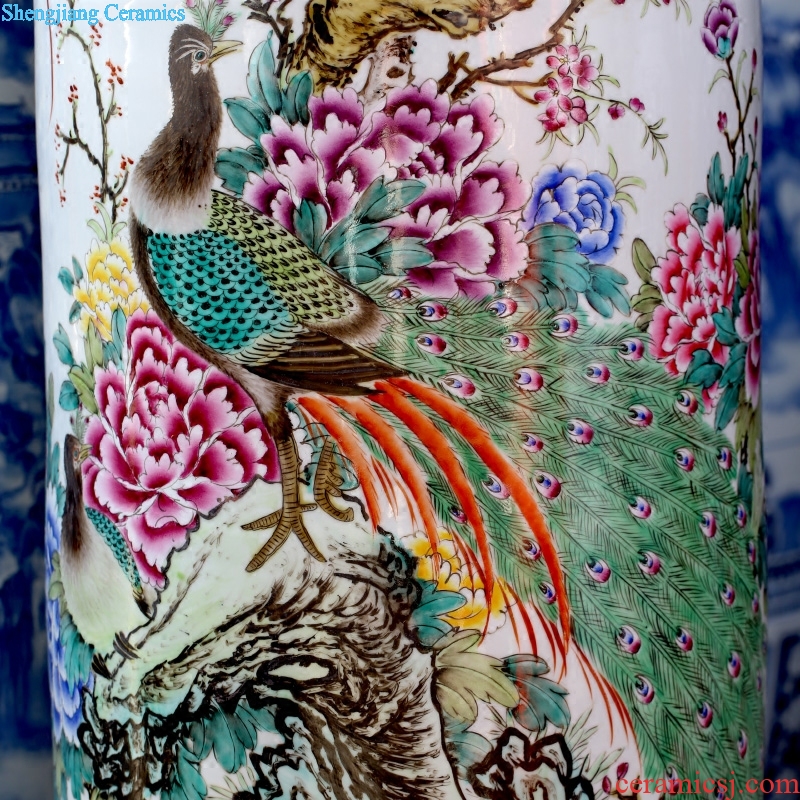 Hand-painted peacock peony figure quiver jingdezhen ceramic famille rose porcelain vase of large stores decoration shop furnishing articles