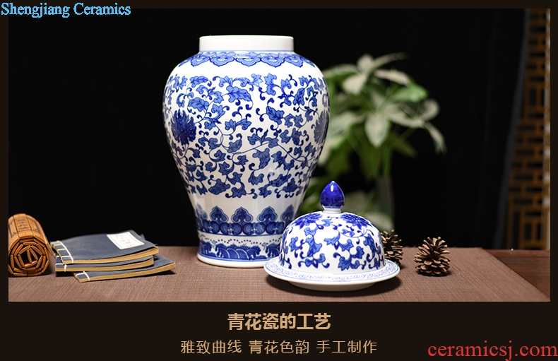 New Chinese antique blue and white porcelain of jingdezhen ceramics bound lotus flower general tank storage tank household handicraft furnishing articles