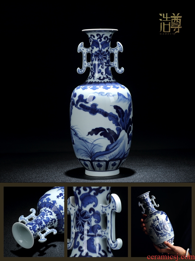 Jingdezhen ceramics vase furnishing articles hand-painted archaize ears of blue and white porcelain bottle of flower arranging rich ancient frame sitting room adornment
