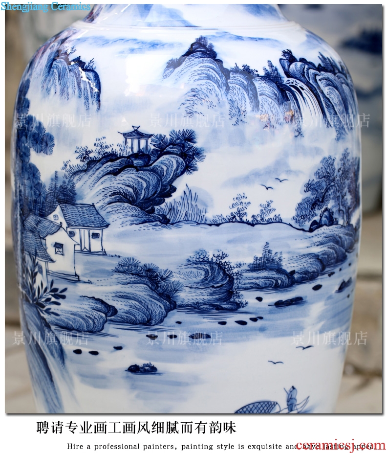 Blue and white landscape big vase jingdezhen ceramics hand-painted sitting room adornment landing place hotel opening gifts