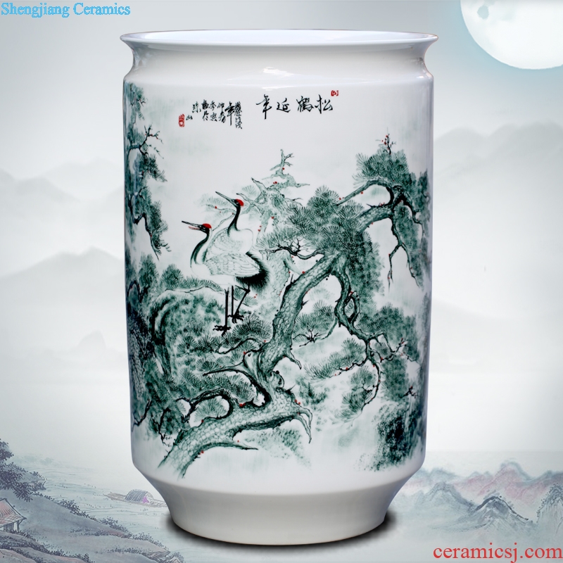 Jingdezhen ceramics hand-painted pine crane live painting and calligraphy cylinder home sitting room place study adornment calligraphy and painting is received