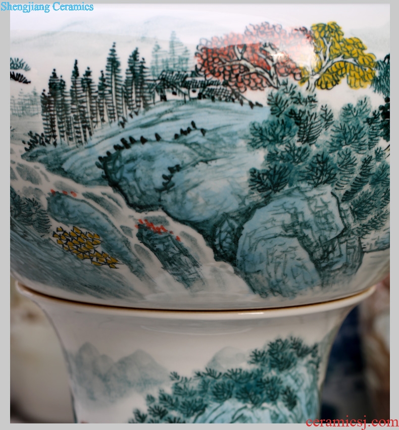 Jingdezhen hand-painted landscape painting ceramic aquarium tortoise cylinder goldfish bowl sitting room of Chinese style household ground large furnishing articles