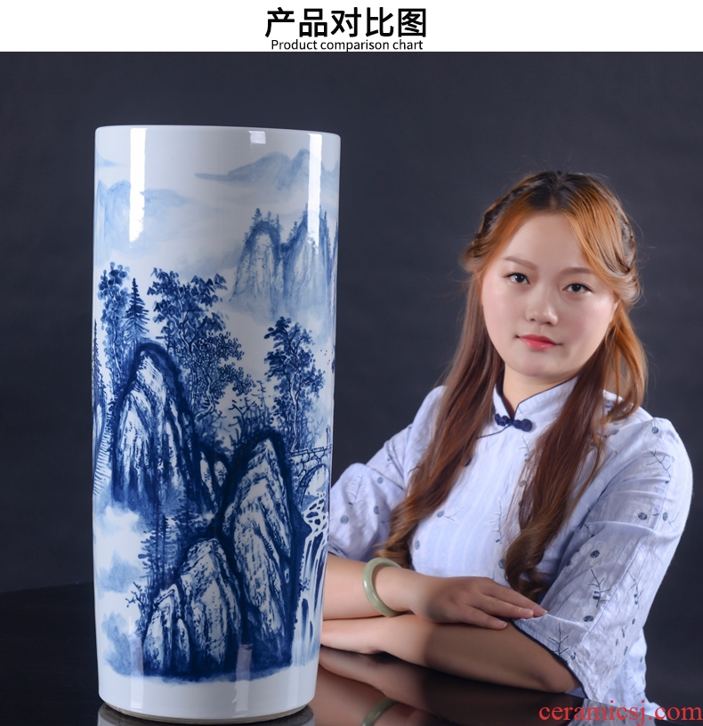 Jingdezhen ceramics famous master hand of large blue and white porcelain vase painting scroll cylinder sitting room place