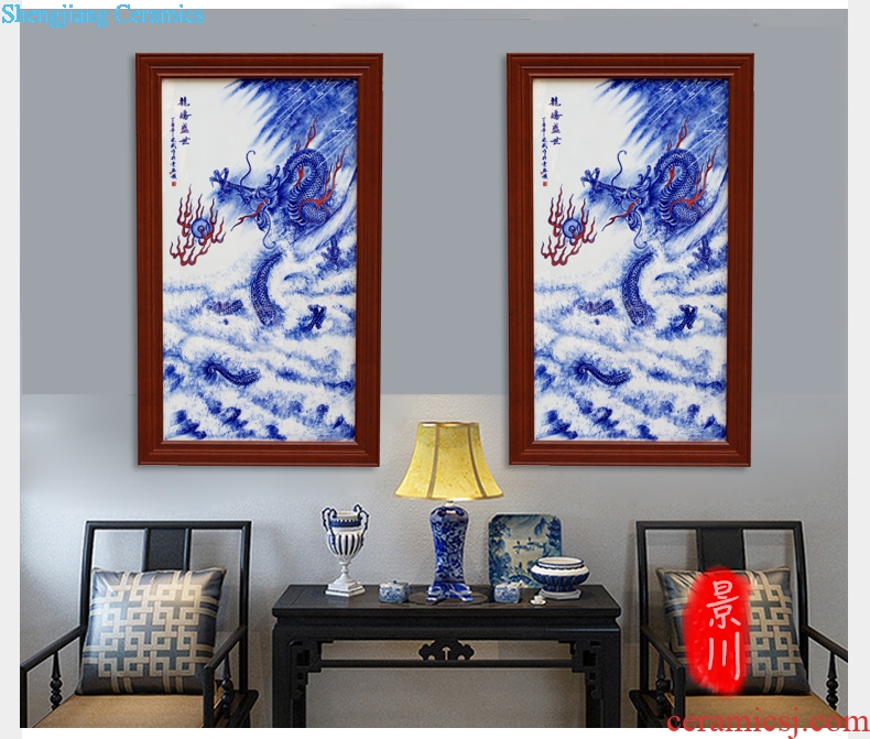Jingdezhen blue and white porcelain hand-painted longteng shengshi porcelain plate painter in the living room a study background wall decoration painting hangs a picture