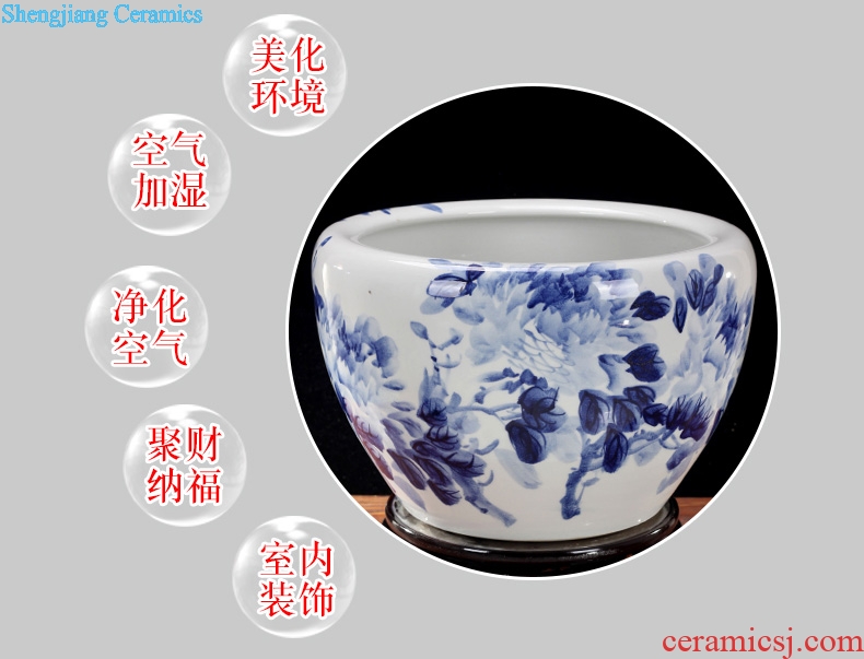 Jingdezhen ceramics brocade carp goldfish bowl of blue and white porcelain peony water lily lotus tortoise cylinder household adornment furnishing articles