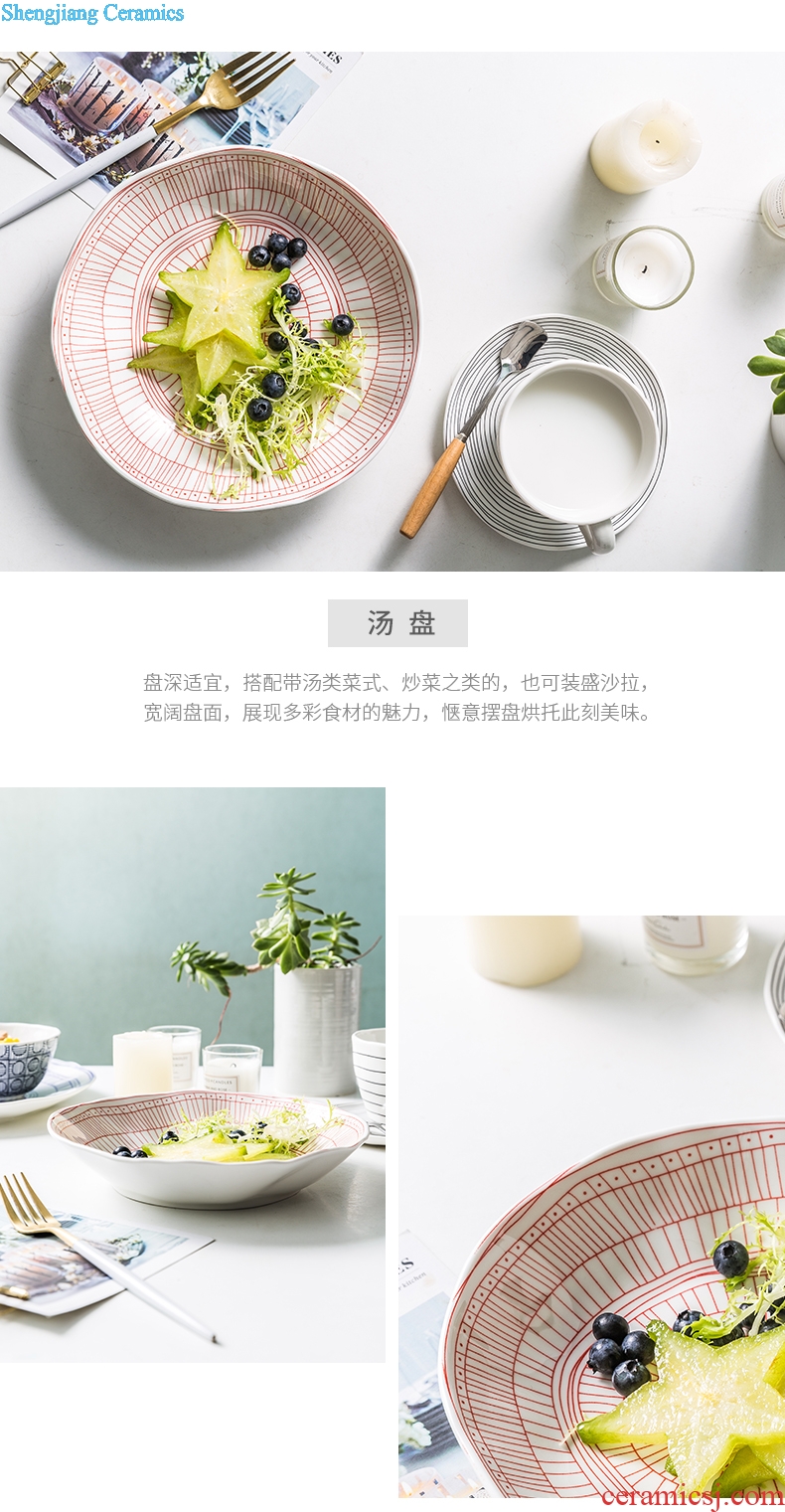 Million jia creative ceramic large soup bowl rainbow noodle bowl household contracted salad bowl personality thread FanPan soup plate printing color