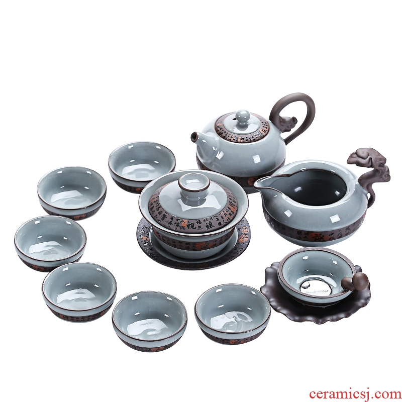 Old elder brother kiln at grid on tea longteng teapot teacup suit kung fu home office ceramic tea set a complete set of gift box