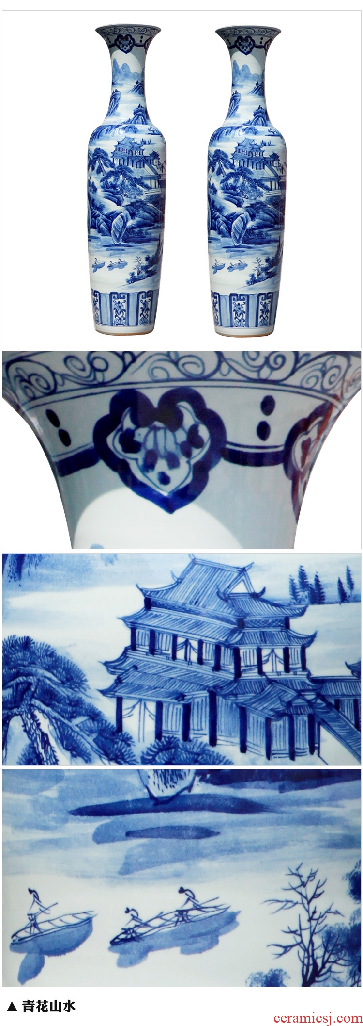 Jingdezhen ceramics hand-painted landing large blue and white porcelain vase sitting room hall hotel opening furnishing articles