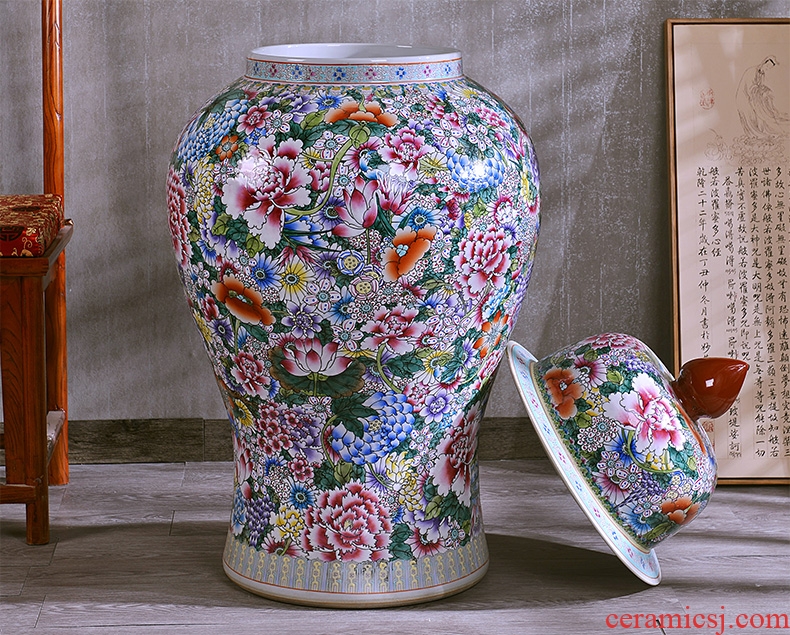 Jingdezhen hand-painted antique flower general powder enamel jar of ceramic handicraft furnishing articles wedding gift