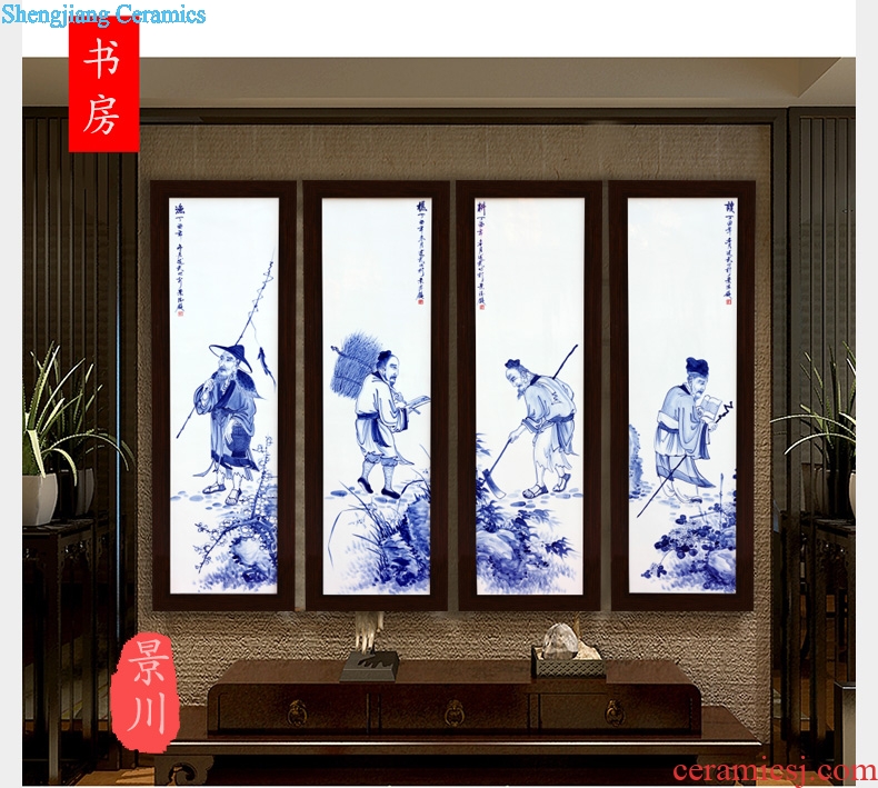 Hand the fishing qiao geng read jingdezhen porcelain plate painter in the sitting room background wall adornment hang a picture of four Chinese style screen