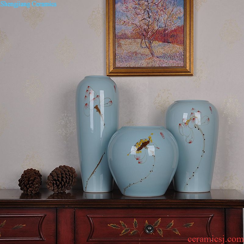 Jingdezhen ceramics three-piece hand-painted lotus vase modern household of Chinese style living room handicraft furnishing articles