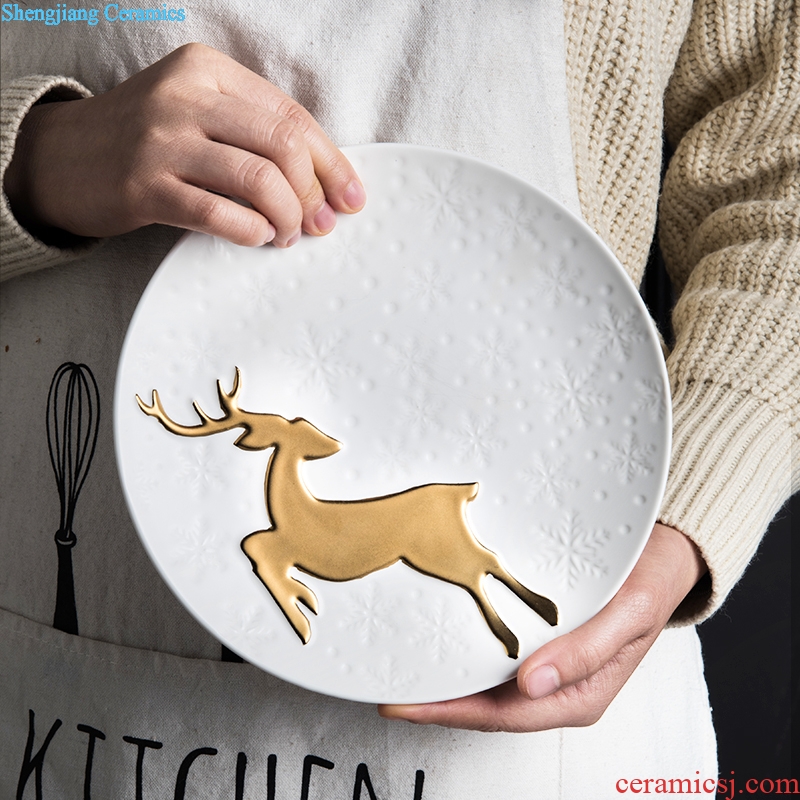 Ijarl million jia household creative ceramic reliefs golden deer steak dinner plate pastry dish of Christmas gifts