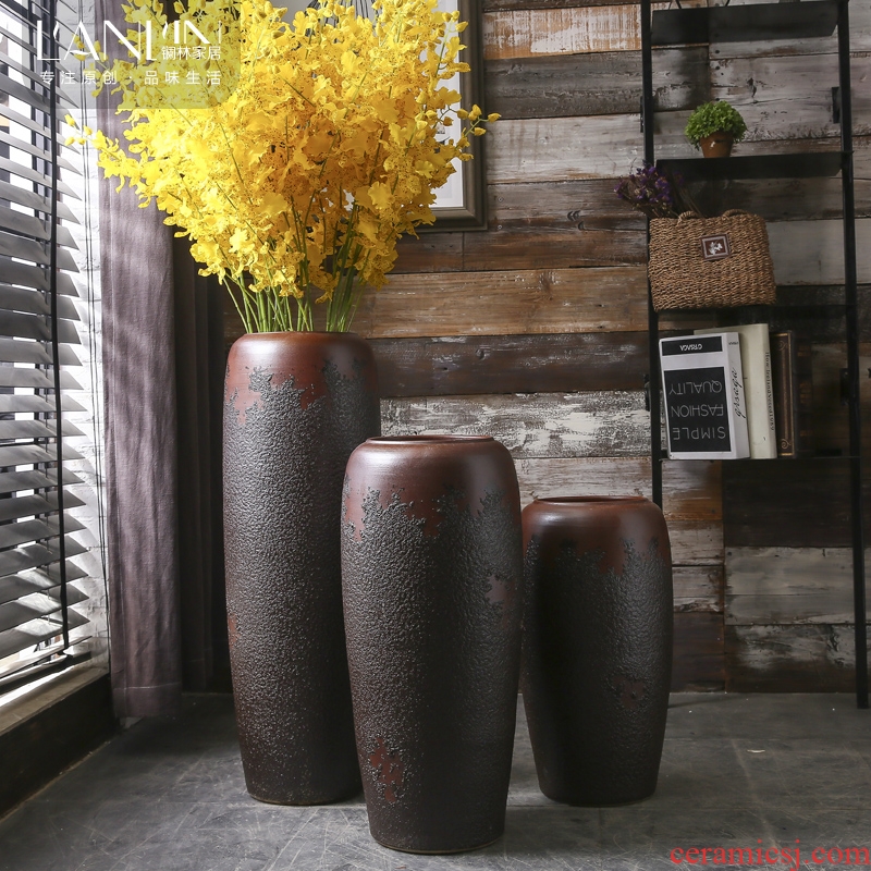 Large size vase furnishing articles sitting room ground artificial flowers archaize coarse pottery bottle Chinese style household ceramic pottery decorative furnishing articles