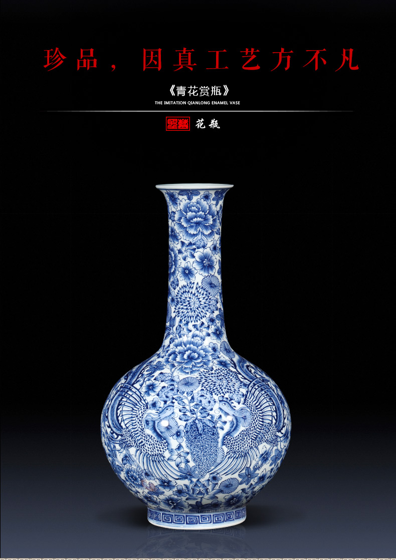 Jingdezhen ceramics imitation qianlong hand-painted blue and white porcelain vases, flower arranging new Chinese style living room home furnishing articles