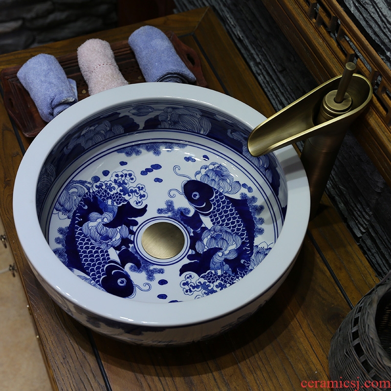 JingYan blue and white porcelain art stage basin round ceramic lavatory basin of Chinese style basin basin on the sink