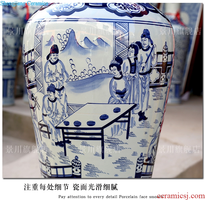 Jingdezhen ceramic floor big vase hand-painted archaize qingming scroll sitting room place of blue and white porcelain hotel decoration
