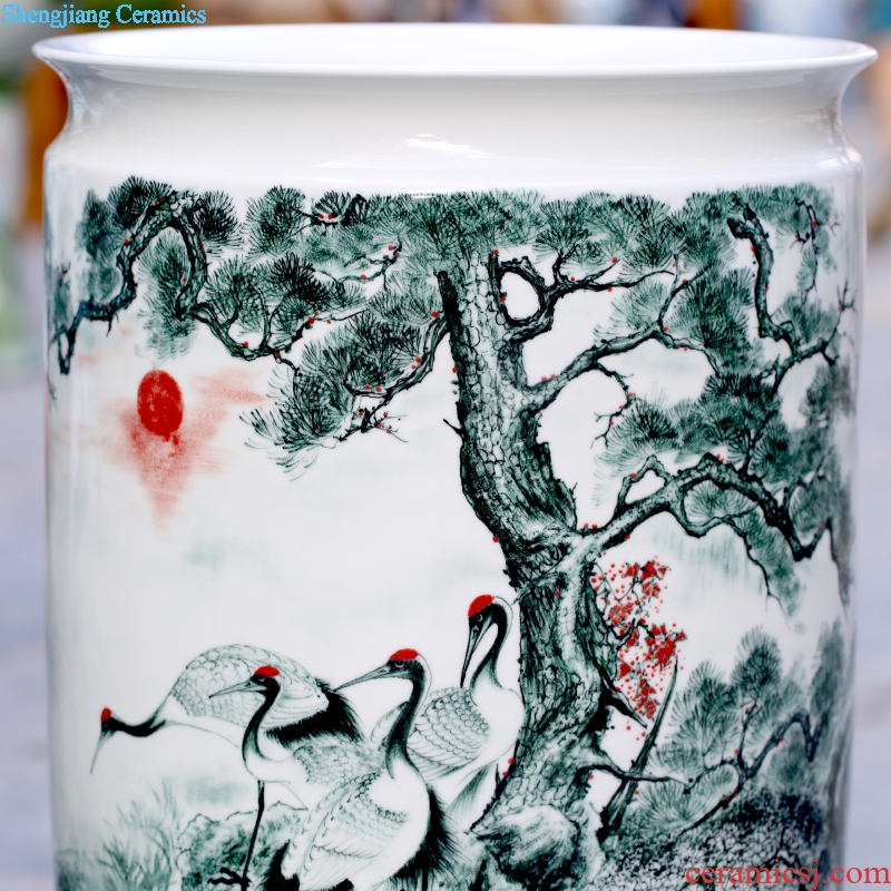 Jingdezhen ceramics hand-painted pine crane live painting and calligraphy cylinder home sitting room place study adornment calligraphy and painting is received