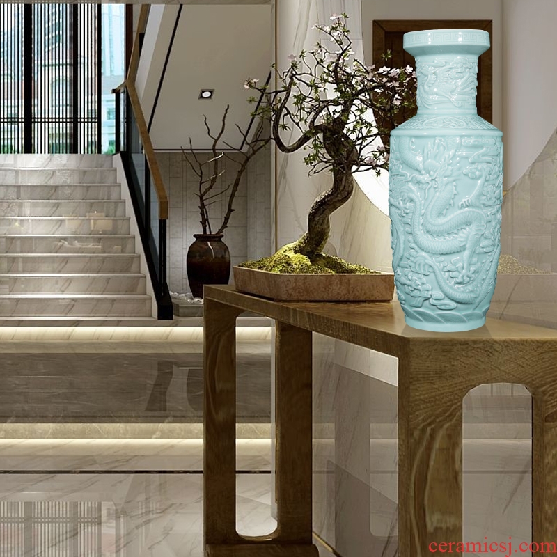 Jingdezhen ceramics large shadow dragon totem big vase engraving celadon home sitting room decorate floor furnishing articles