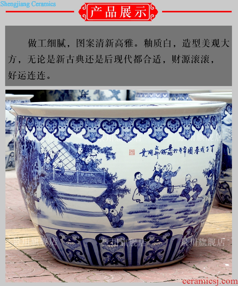 Tank large hand-painted blue and white porcelain of jingdezhen ceramics water lily tortoise figure sitting room roll cylinder cylinder spring of the ancient philosophers play