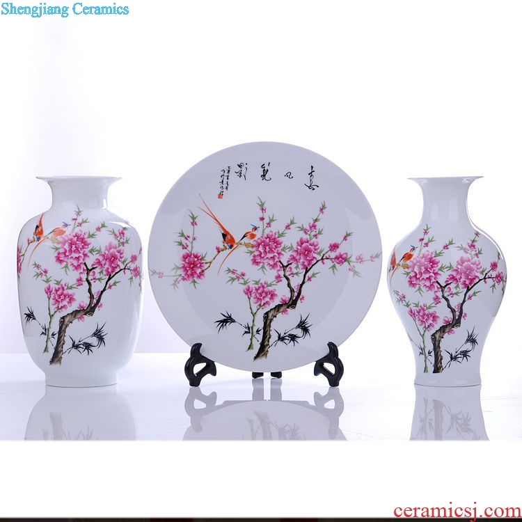 Jingdezhen ceramics peach blossom water point three-piece vase plates modern home handicraft furnishing articles