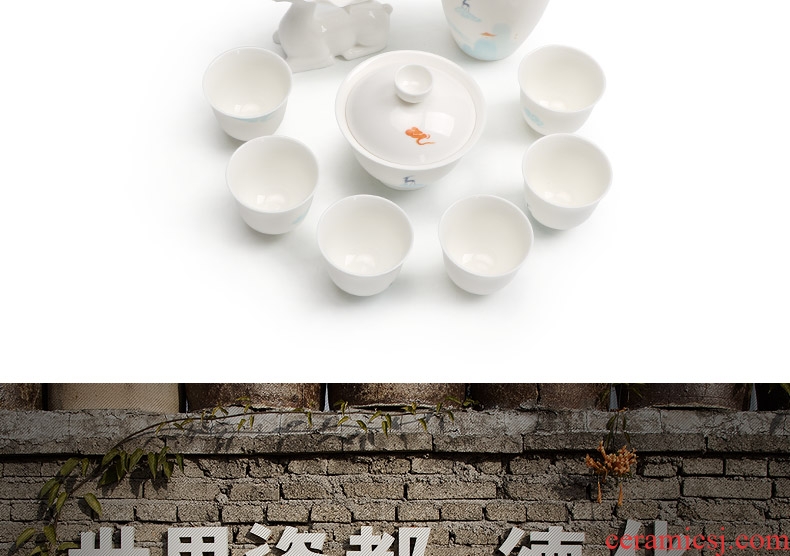 Mr Nan shan nine colored deer dehua white porcelain kung fu tea set suit household contracted ceramic tureen six cups