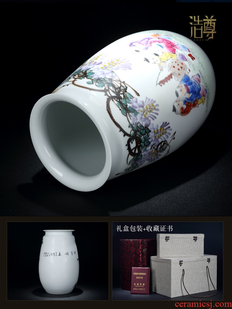 Jingdezhen ceramics hand-painted pastel boys vase baby figure sitting room place flower arranging Chinese decorative arts and crafts