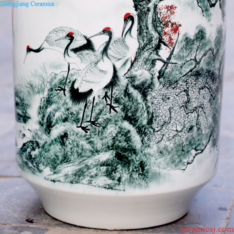 Jingdezhen ceramics hand-painted pine crane live painting and calligraphy cylinder home sitting room place study adornment calligraphy and painting is received