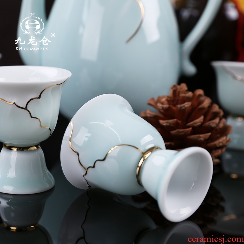 DH wine liquor cup suit household ceramics jingdezhen celadon antique Chinese paint tray hip flask