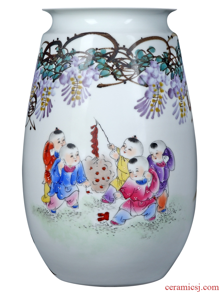 Jingdezhen ceramics hand-painted pastel boys vase baby figure sitting room place flower arranging Chinese decorative arts and crafts