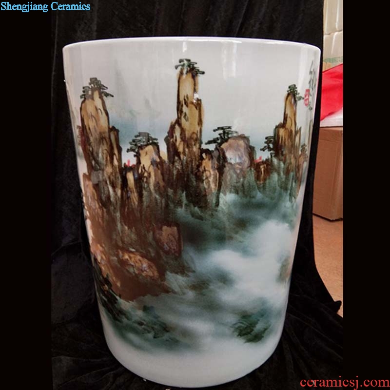 Jingdezhen hand-painted straight huangshan quiver kiln porcelain vase painting and calligraphy cylinder kiln and vase