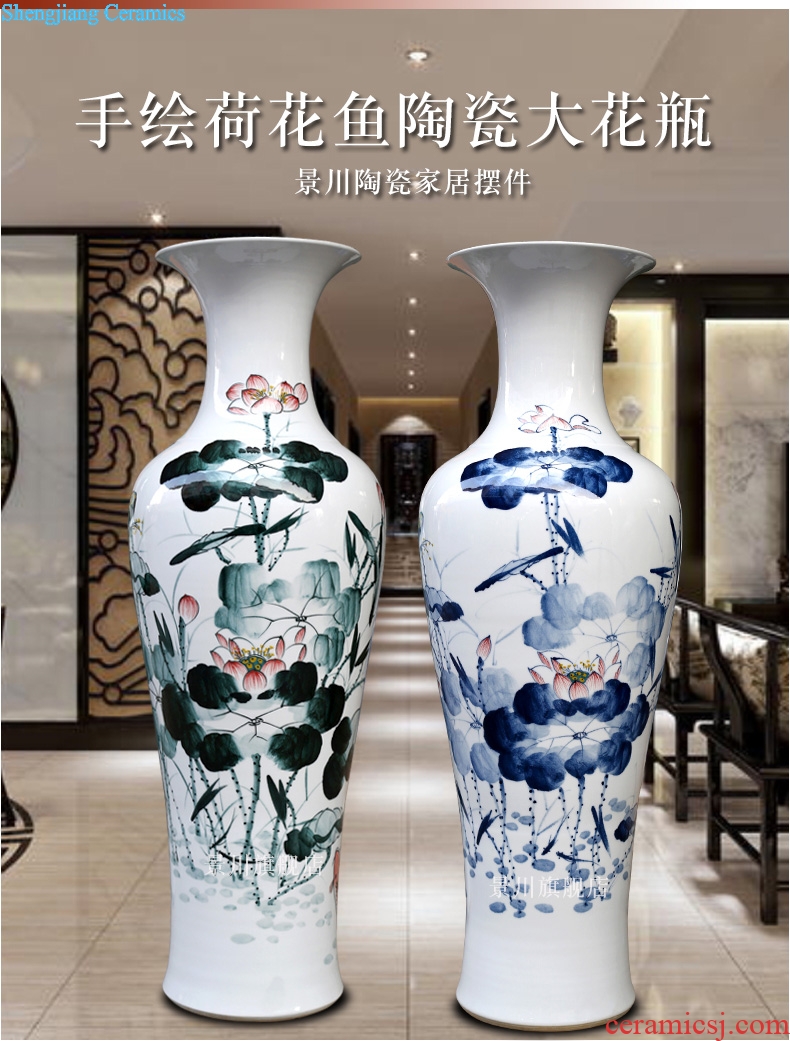 Hand-painted ink color blue and red lotus lotus fish landing big vase jingdezhen ceramic household sitting room adornment furnishing articles