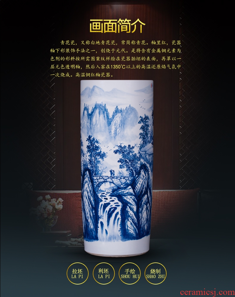 Jingdezhen ceramics famous master hand of large blue and white porcelain vase painting scroll cylinder sitting room place