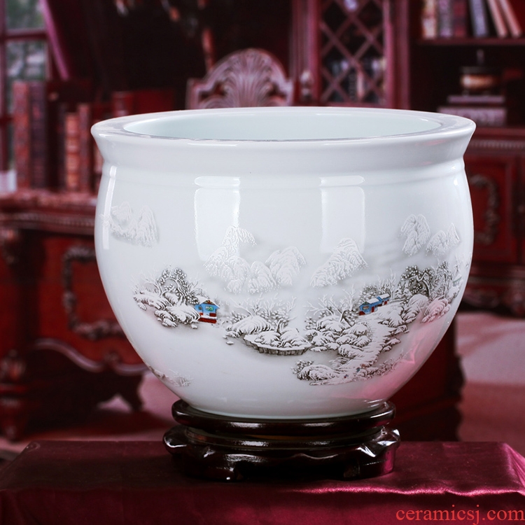 Jingdezhen ceramics basin of water shallow tank cylinder water lily tortoise wine cabinet desk decoration handicraft furnishing articles in the living room