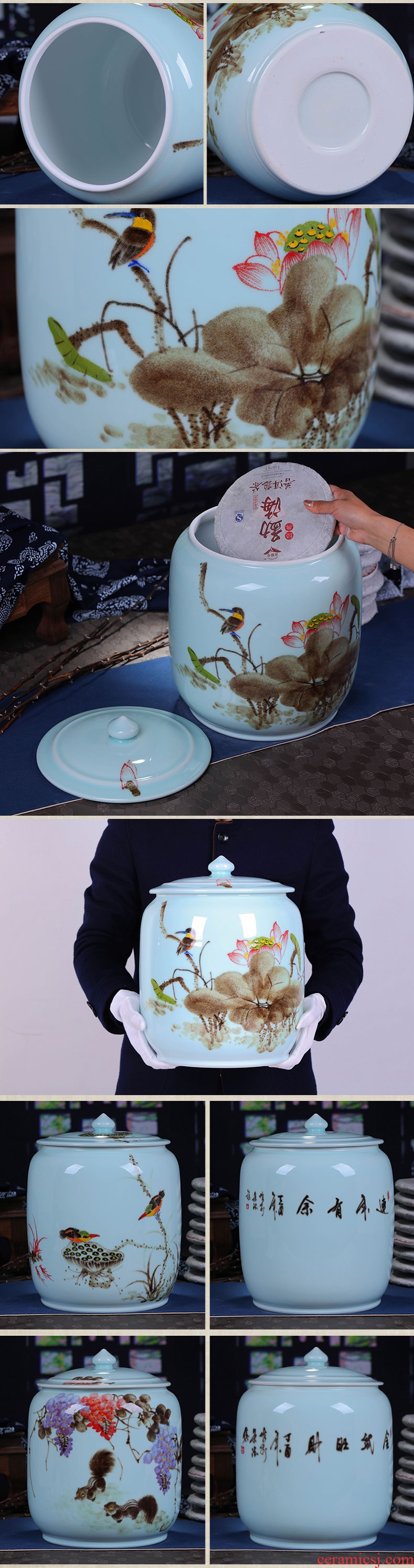 Jingdezhen ceramic hand-painted tea cake jar airtight jar large puer tea with restoring ancient ways of household