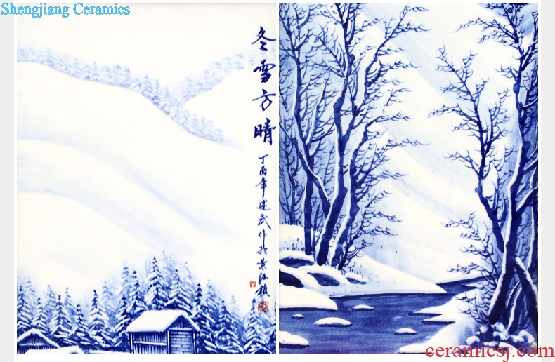 Hand-painted ceramic painting jingdezhen blue and white porcelain of chun xiaqiu winter hang a picture to the sitting room four screen adornment porcelain plate painting background