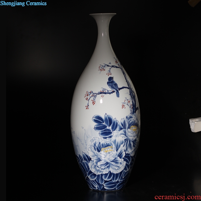 Jingdezhen vase peony flowers and birds painting fine mouth of jingdezhen painting curve of 60-70 cm tall vase porch