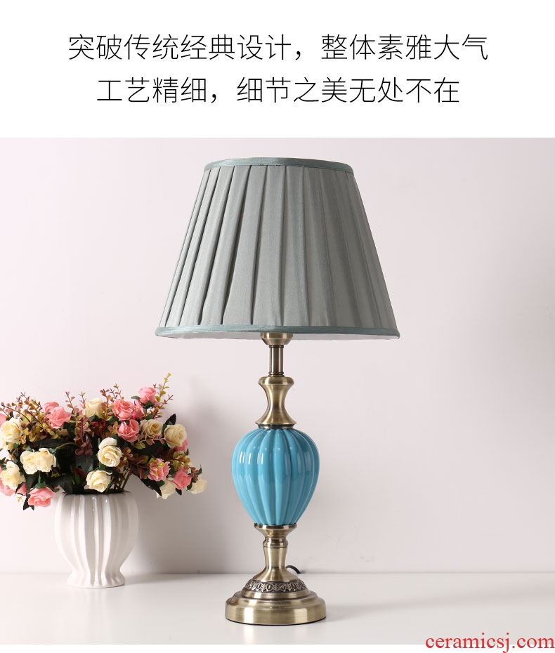 American simple blue ceramic desk lamp sitting room bedroom berth lamp continental warm all copper adjustable light Nordic ins