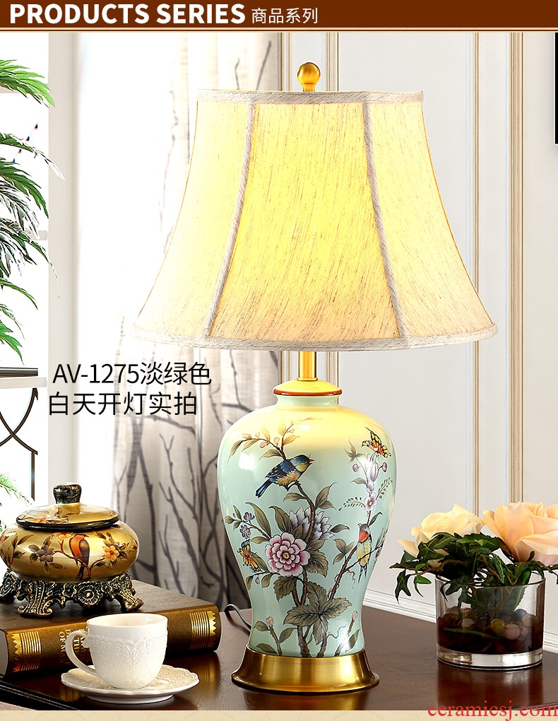 Ceramic lamp lamp of bedroom the head of a bed American retro full copper blue hand draw flowers and birds sitting room cloth art lamps and lanterns